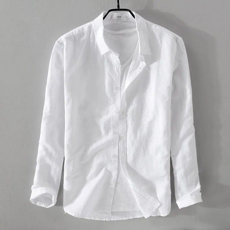 透气白色长袖亚麻衬衫男士休闲薄款修身麻料宽松防晒棉麻衬衣外套