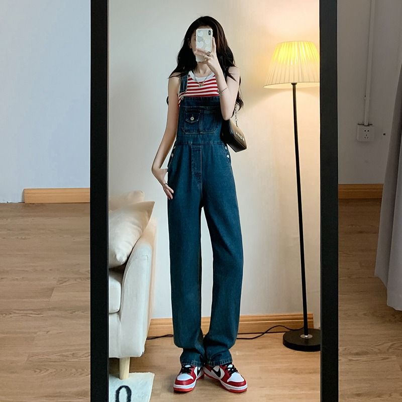 Retro high-waisted denim overalls women's summer new Korean version design sense niche loose straight trousers trendy ins