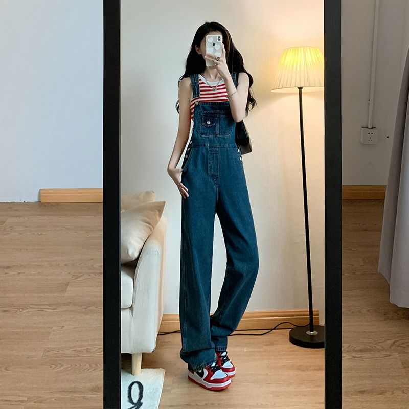 Retro high-waisted denim overalls women's summer new Korean version design sense niche loose straight trousers trendy ins