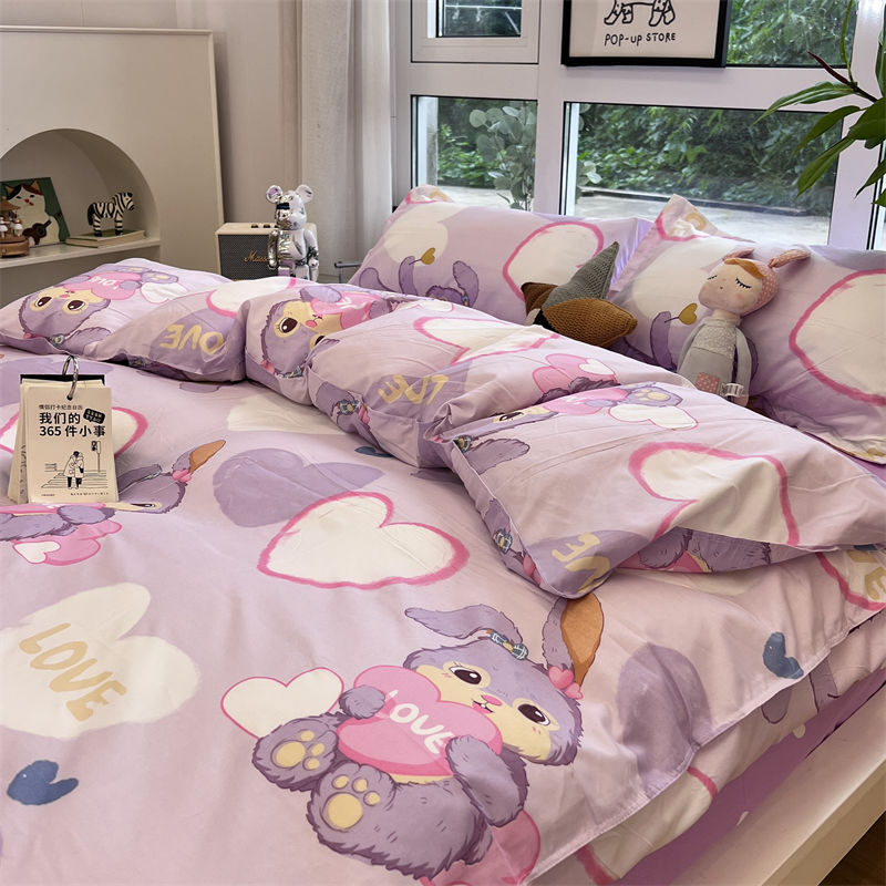 草莓熊可爱卡通床单儿童被套四件套床上用品水洗棉学生单人三件套