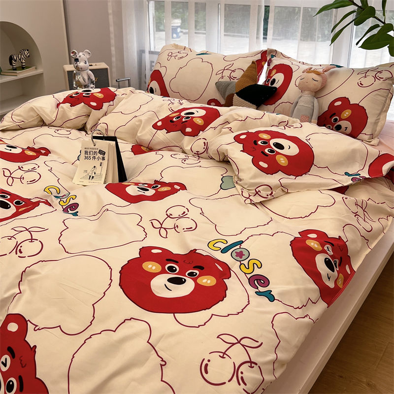 草莓熊可爱卡通床单儿童被套四件套床上用品水洗棉学生单人三件套