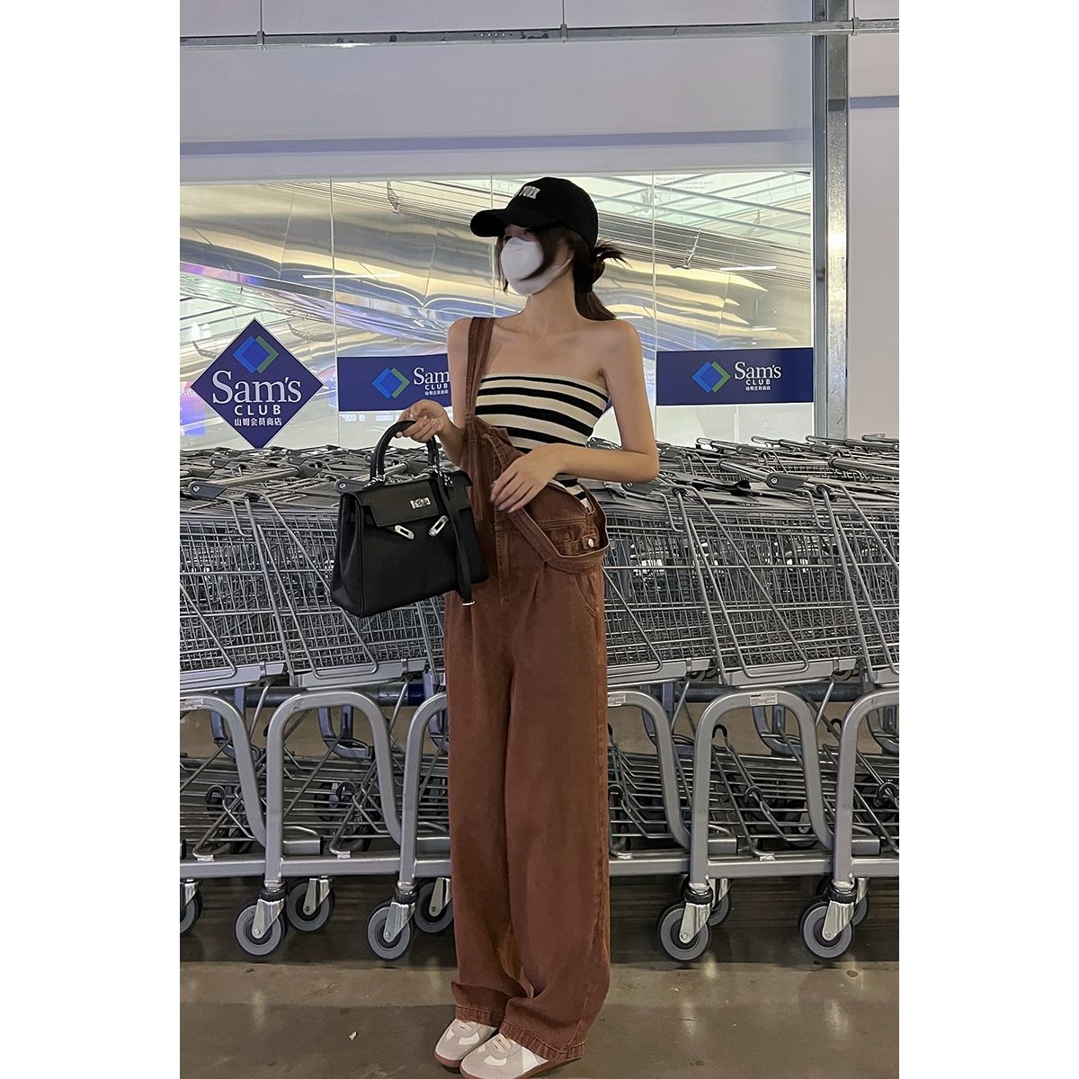 American brown denim overalls women's autumn and summer new niche retro jumpsuit loose mopping high waist wide leg pants