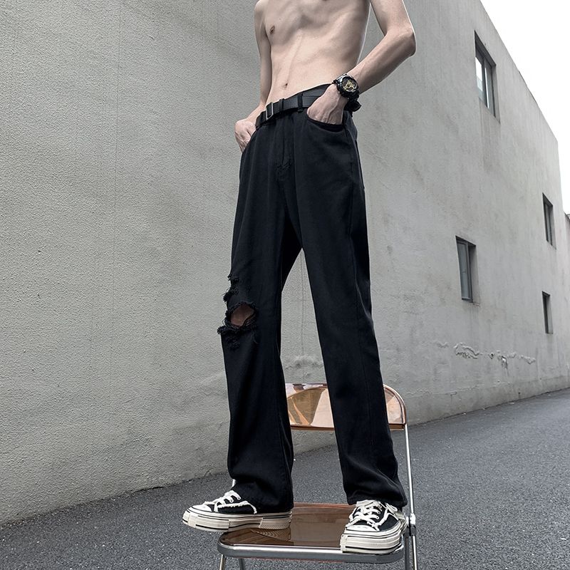 夏季薄款黑色破洞牛仔褲男美式vibe風褲子高街ins潮直筒寬鬆長褲