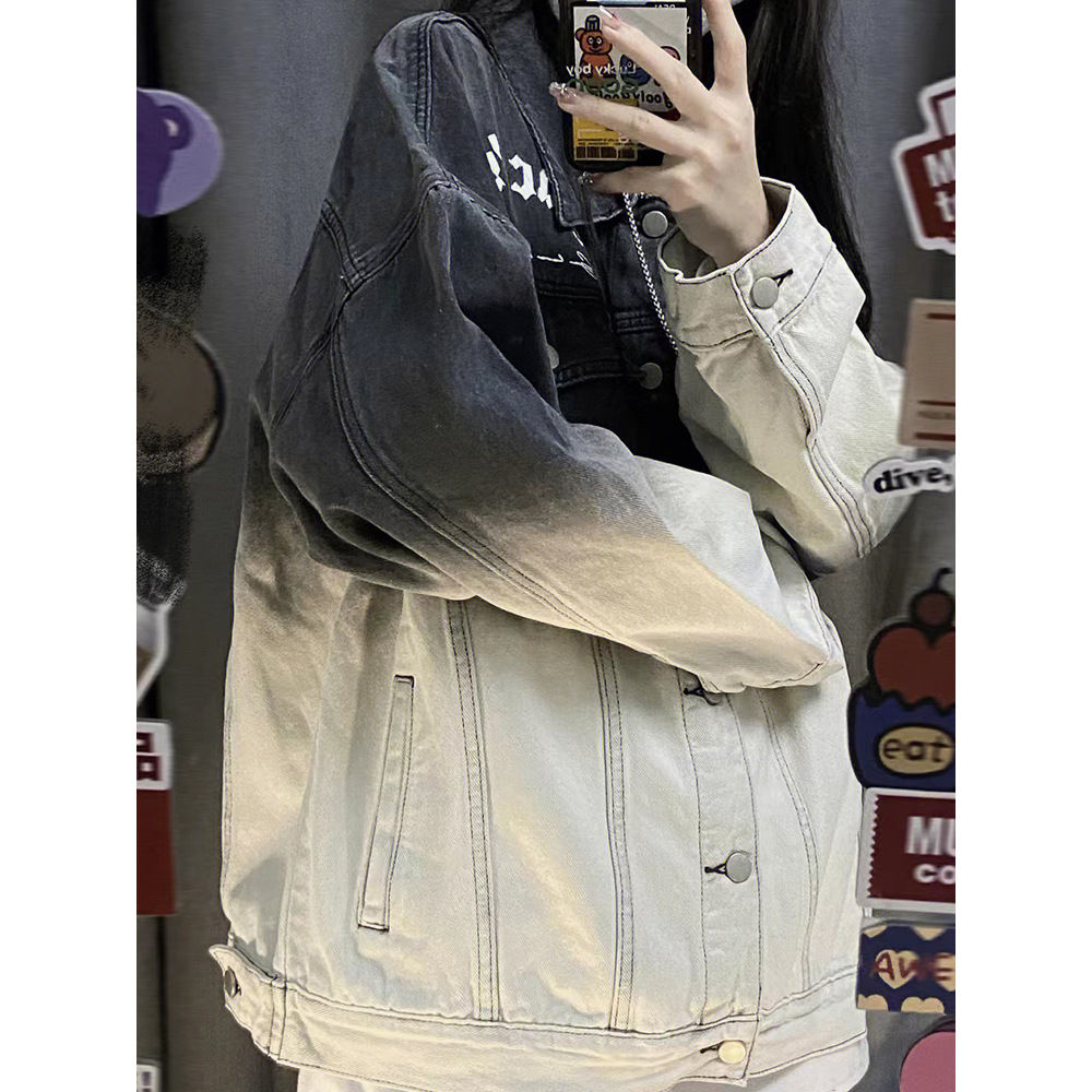 Large size fat mm gradient denim jacket female spring and autumn loose all-match vintage retro jacket tops ins tide