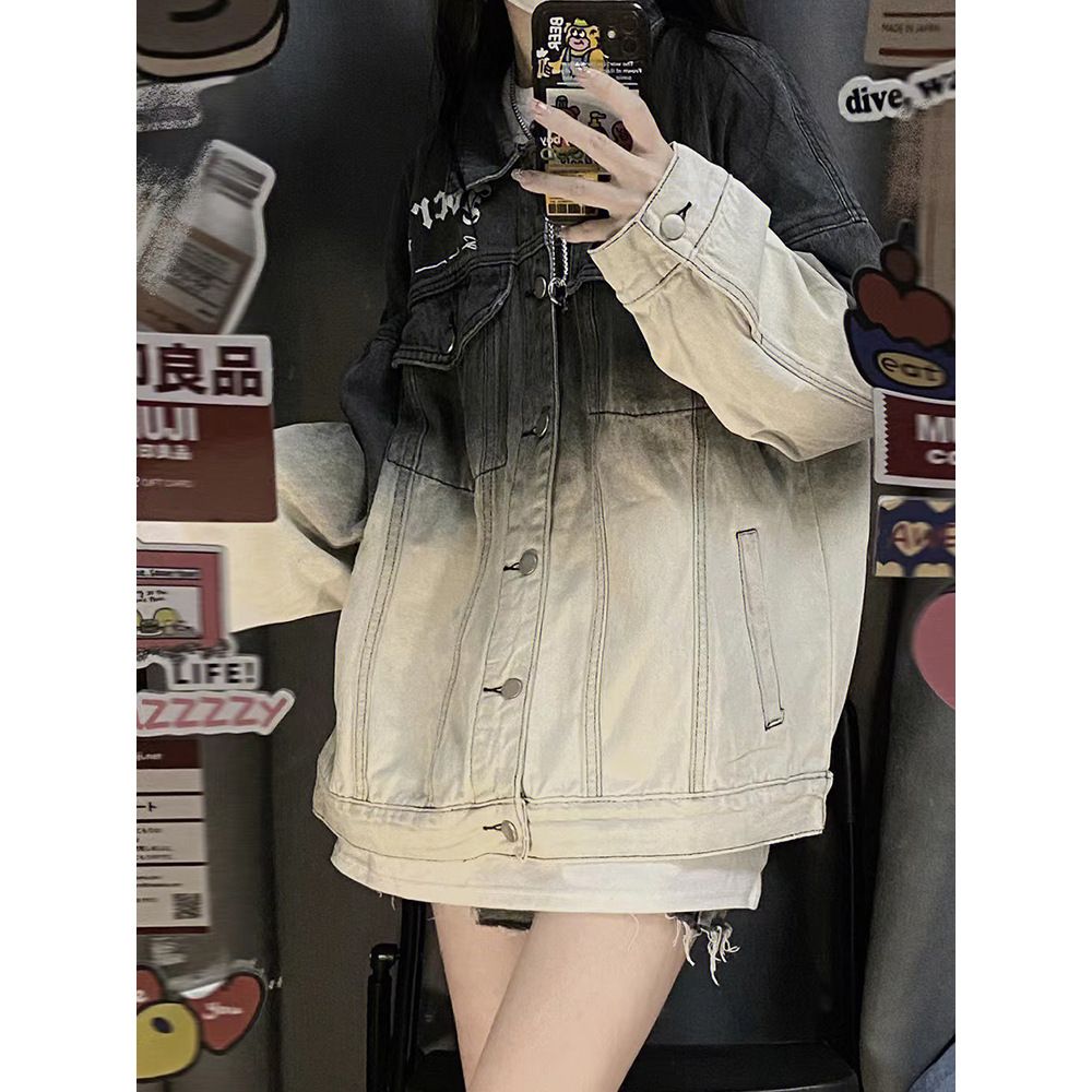 Large size fat mm gradient denim jacket female spring and autumn loose all-match vintage retro jacket tops ins tide
