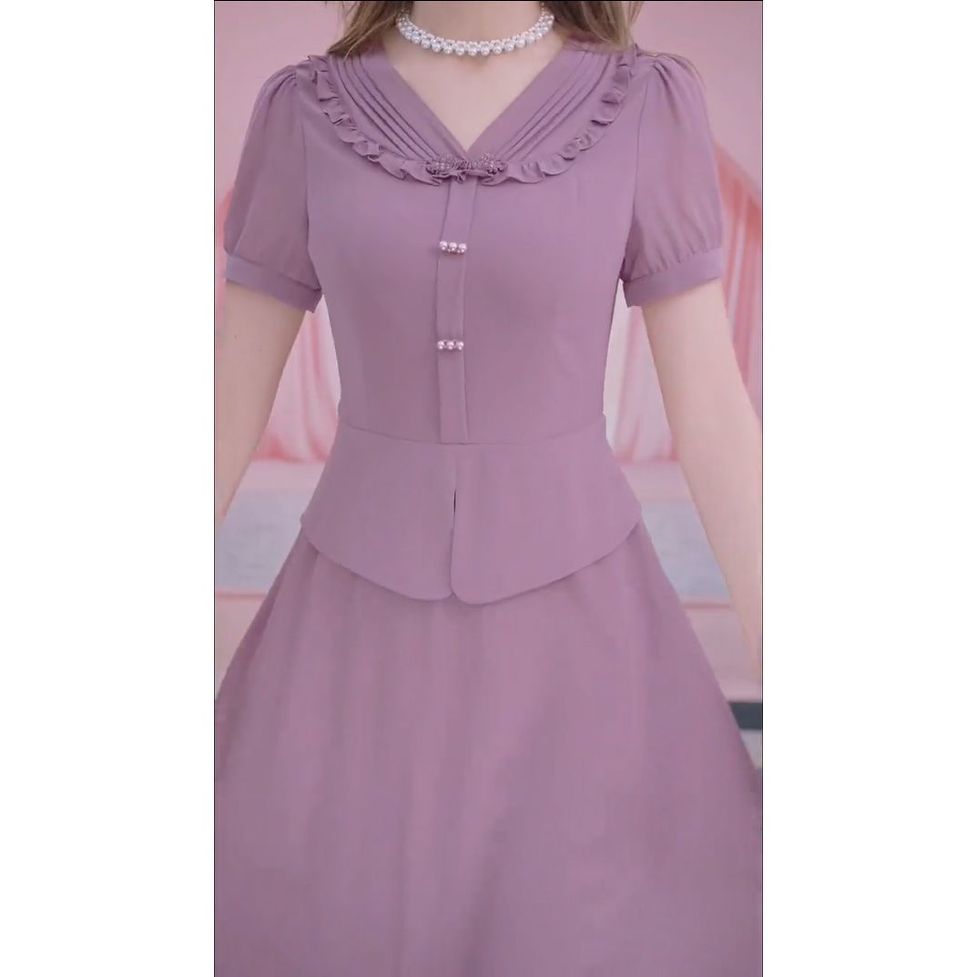 时尚套装裙女2023夏季新款韩版遮肚大码修身显瘦气质假两件裙子潮