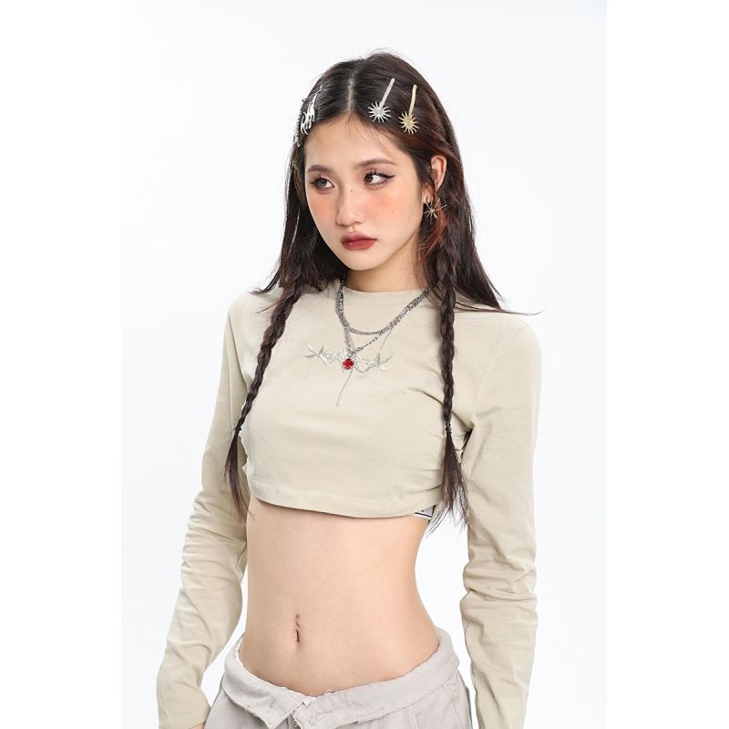 American retro hot girl basic two-color letter embroidered long-sleeved pleated T-shirt women's short slim fit crop top