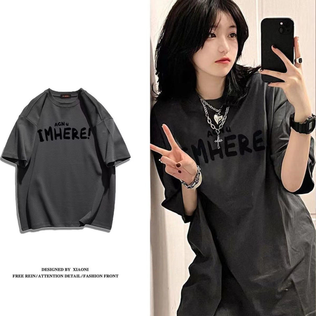 100% heavy Japanese summer new t-shirt female ins trendy letter printing loose couple outfit short-sleeved top male