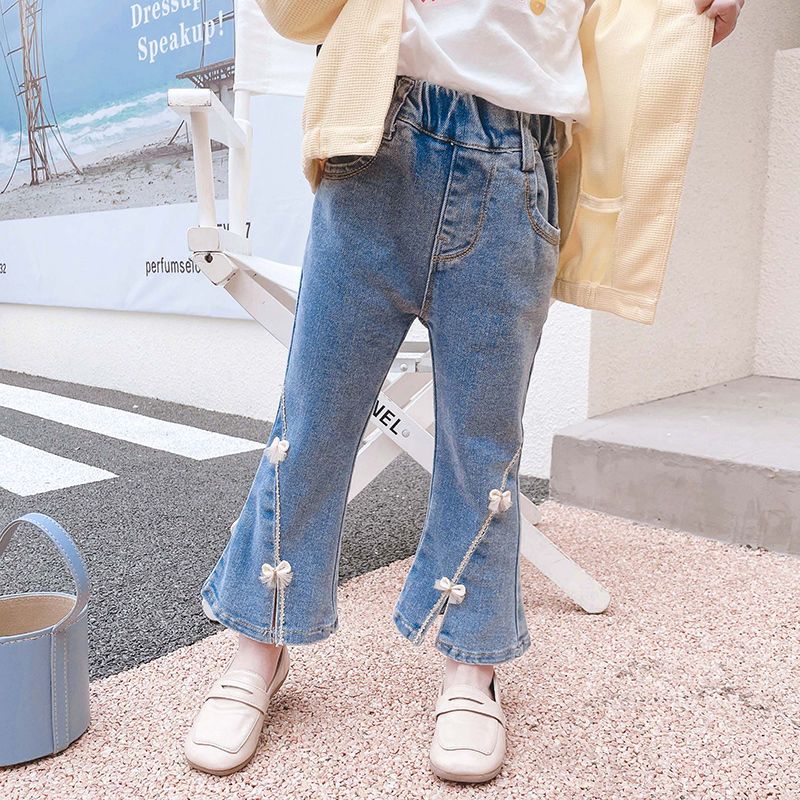 女童褲子兒童牛仔褲春秋2022新款童裝洋氣秋裝寶寶時髦夏季喇叭褲
