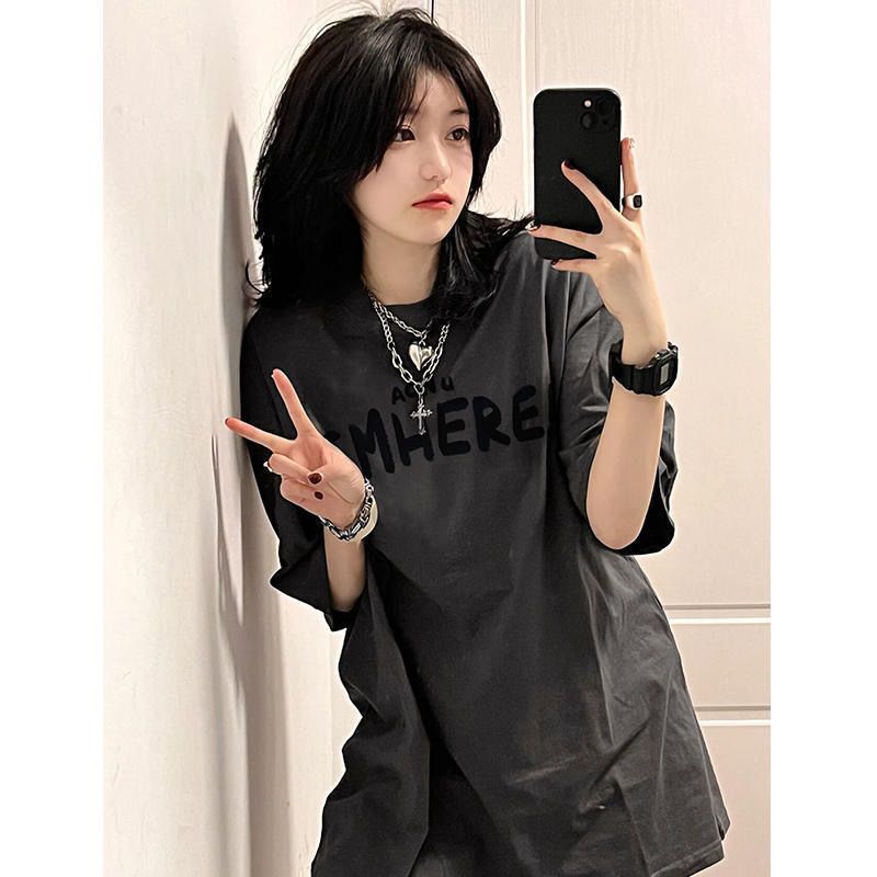 100% heavy Japanese summer new t-shirt female ins trendy letter printing loose couple outfit short-sleeved top male