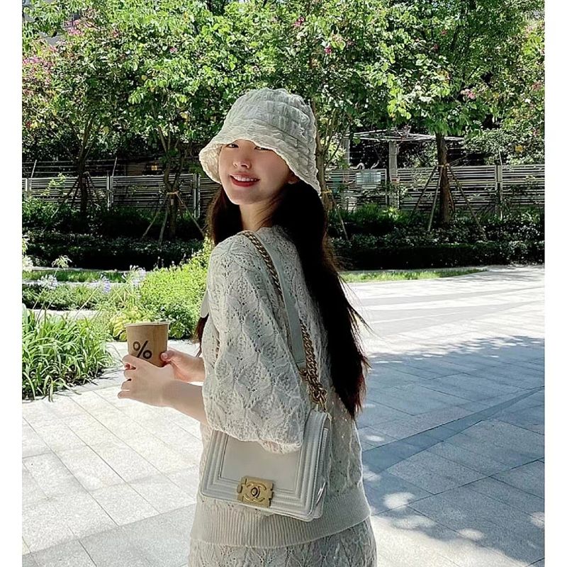 Zhao Lusi same style Japanese style simple texture seersucker fisherman hat women's casual all-match spring and autumn beige basin hat