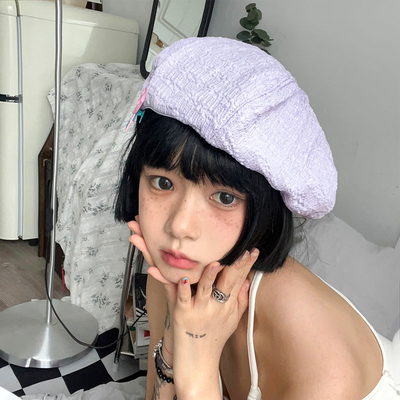Sweet and cool girl/textured painter's hat temperament white dragon fruit color hat female beret summer thin section male