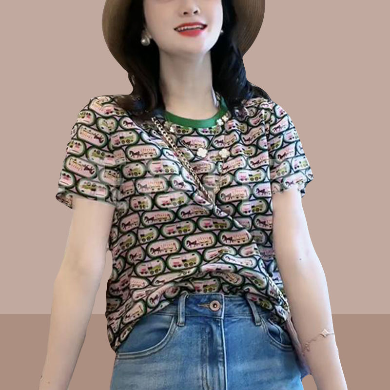 High-end European goods light luxury temperament small crowd high-end fan carriage print pattern fashion women's summer short-sleeved western style top