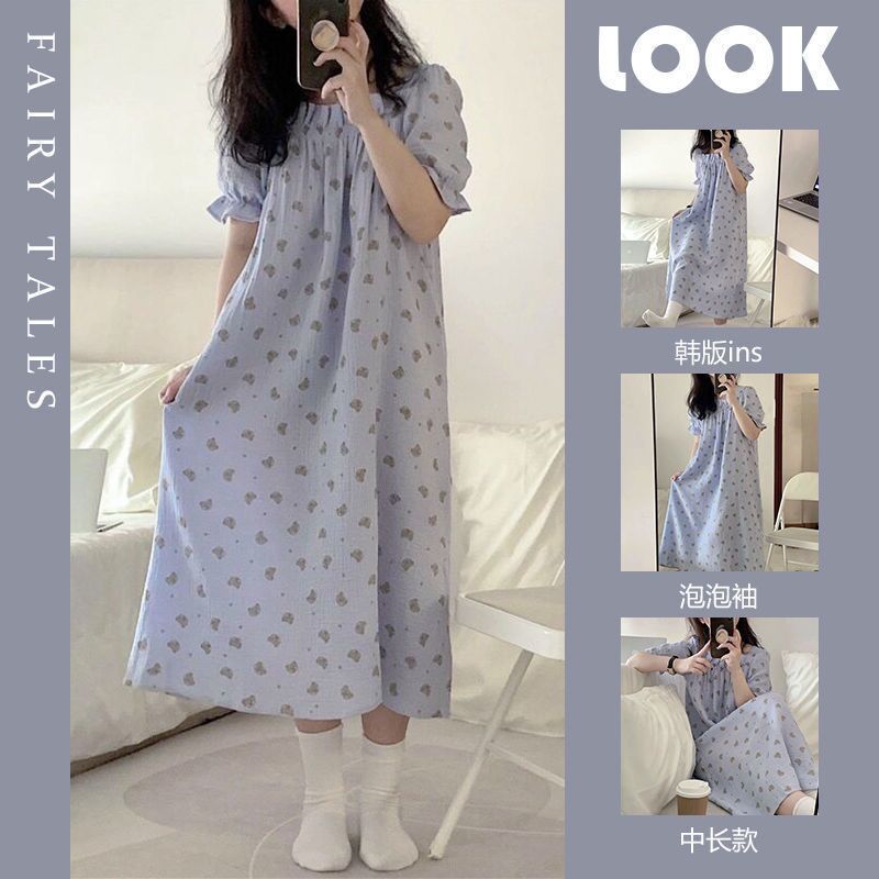Ins Korean nightdress female summer new short-sleeved sweet bear print princess dress bubble sleeve pajamas home service