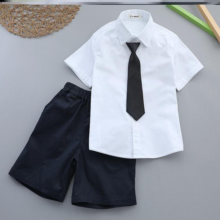 兒童白襯衫黑褲子男童演出服套裝夏季短袖薄款襯衣短西褲兩件套