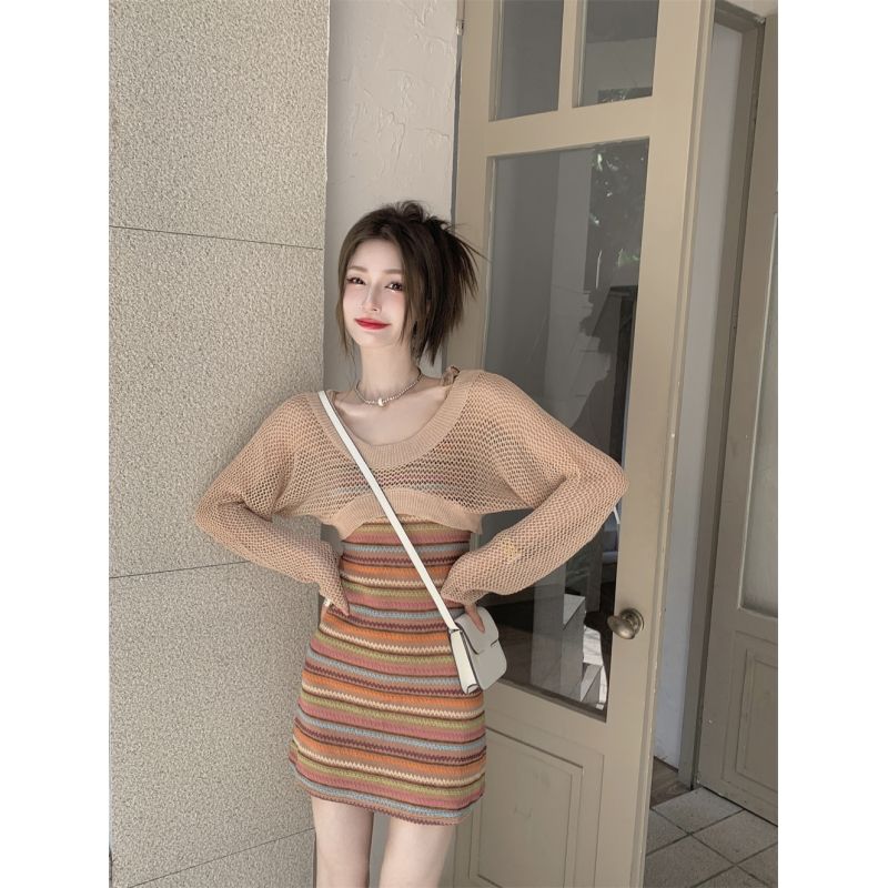 Niche short hollow blouse + Korean pure desire rainbow stripes slim hot girl suspender skirt suit skirt female autumn