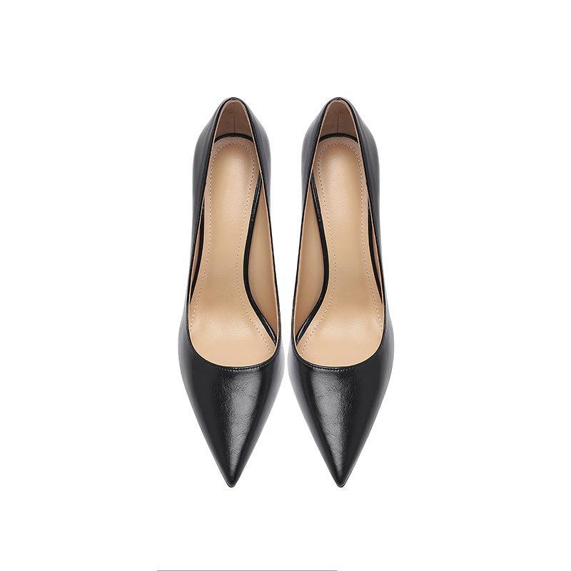 Jenny Zhou series elegant temperament oil wax black high heels stiletto versatile pointed toe leather professional shoes
