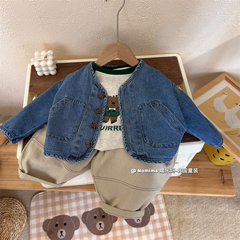 Children's denim clothing 2022 spring and autumn men's and women's casual loose long-sleeved tops for children's single-breasted jacket trendy