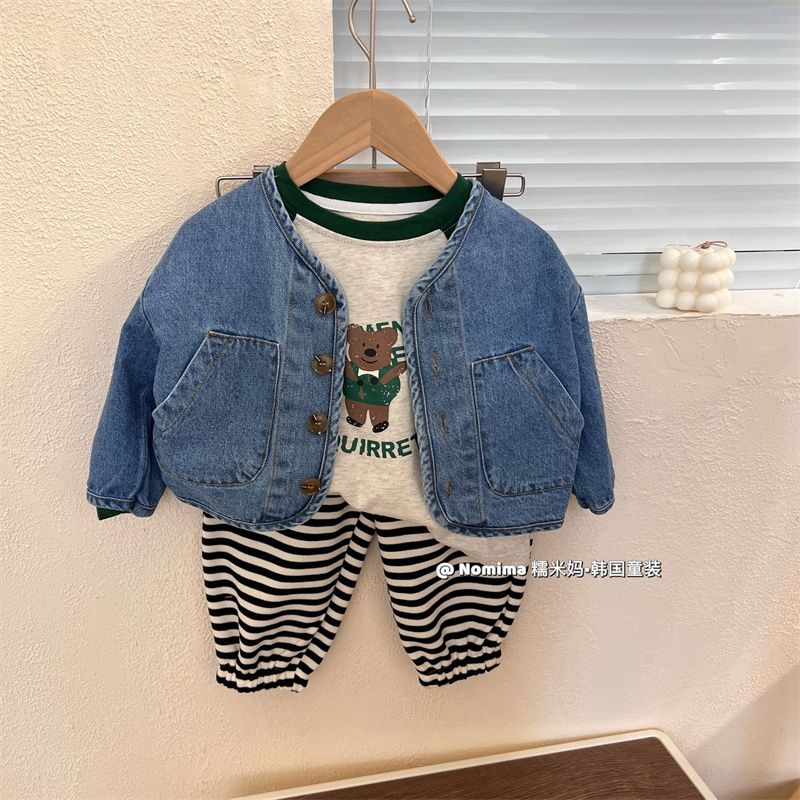 Children's denim clothing 2022 spring and autumn men's and women's casual loose long-sleeved tops for children's single-breasted jacket trendy
