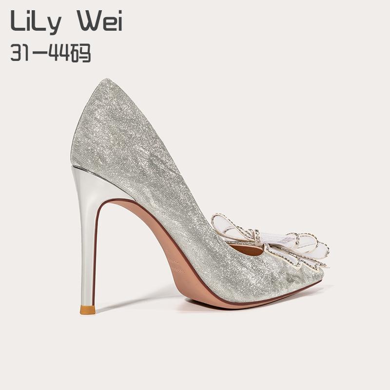 lilywei大码法式高跟鞋41-43婚鞋细跟尖头小码新娘鞋蝴蝶结鞋子秋