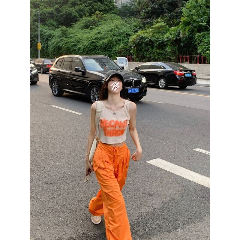 橙色工裝褲女裝潮ins高街休閒束腳長褲夏季高腰直筒闊腿哈倫褲子