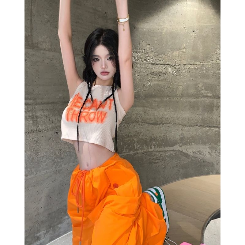 吊帶小背心女夏季美式復古甜辣妹字母無袖短款外穿內搭打底衫上衣