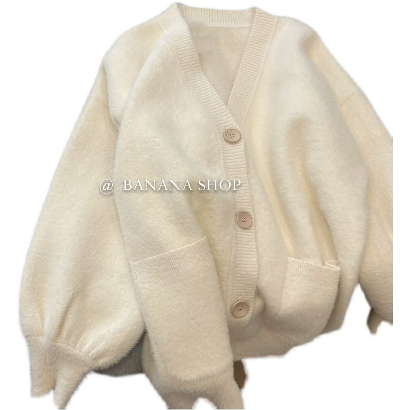 New design pocket soft waxy v-neck knitted cardigan spring and autumn loose lazy sweater jacket top women's autumn clothing