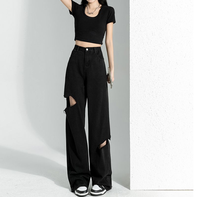 Black ripped denim women's high street straight beggars summer thin loose drape high waist wide leg floor mopping trousers trendy