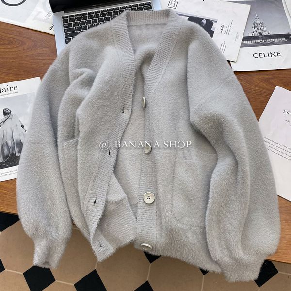 New design pocket soft waxy v-neck knitted cardigan spring and autumn loose lazy sweater jacket top women's autumn clothing