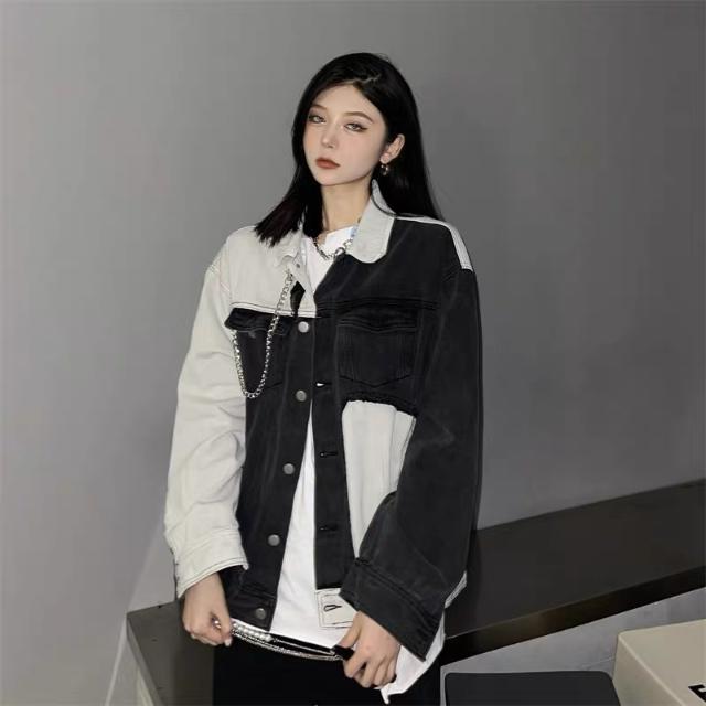 Retro color contrast stitching denim jacket women's  autumn new loose and versatile personality jacket top tide ins