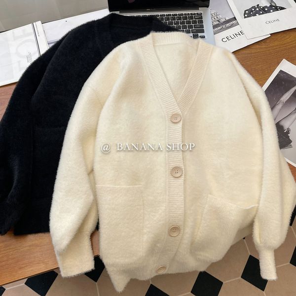 New design pocket soft waxy v-neck knitted cardigan spring and autumn loose lazy sweater jacket top women's autumn clothing