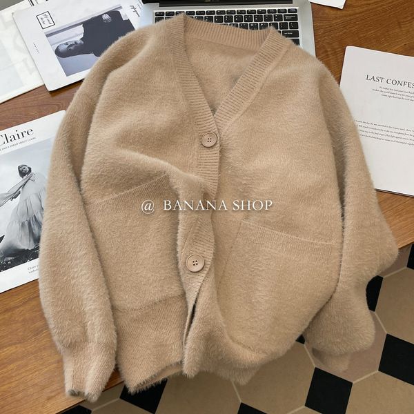 New design pocket soft waxy v-neck knitted cardigan spring and autumn loose lazy sweater jacket top women's autumn clothing