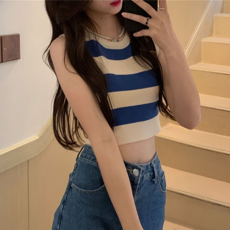 Design niche striped small camisole women's summer outer wear inner wear sweet hot girl short sleeveless top summer