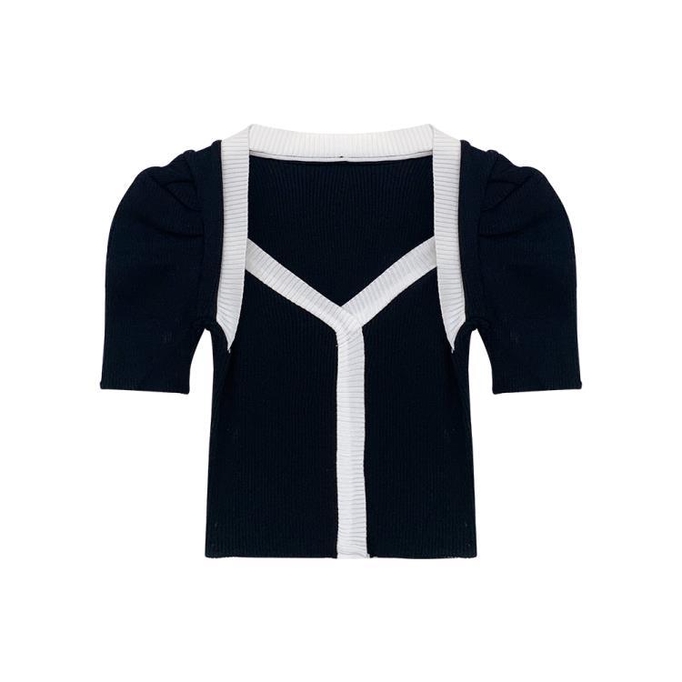 黑色v领短袖针织衫女夏季2023年新款设计感小众短款独特别致上衣
