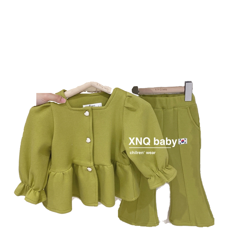 韩版童装女童秋装时髦洋气套装儿童纯色两件套宝宝小香风外套长裤