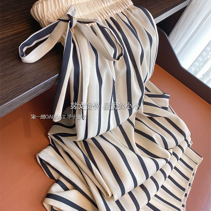 Picked up at the counter of the buyer's store ~ ​​Silk polyester stretch elastic waist straight striped wide leg air pants for women in summer