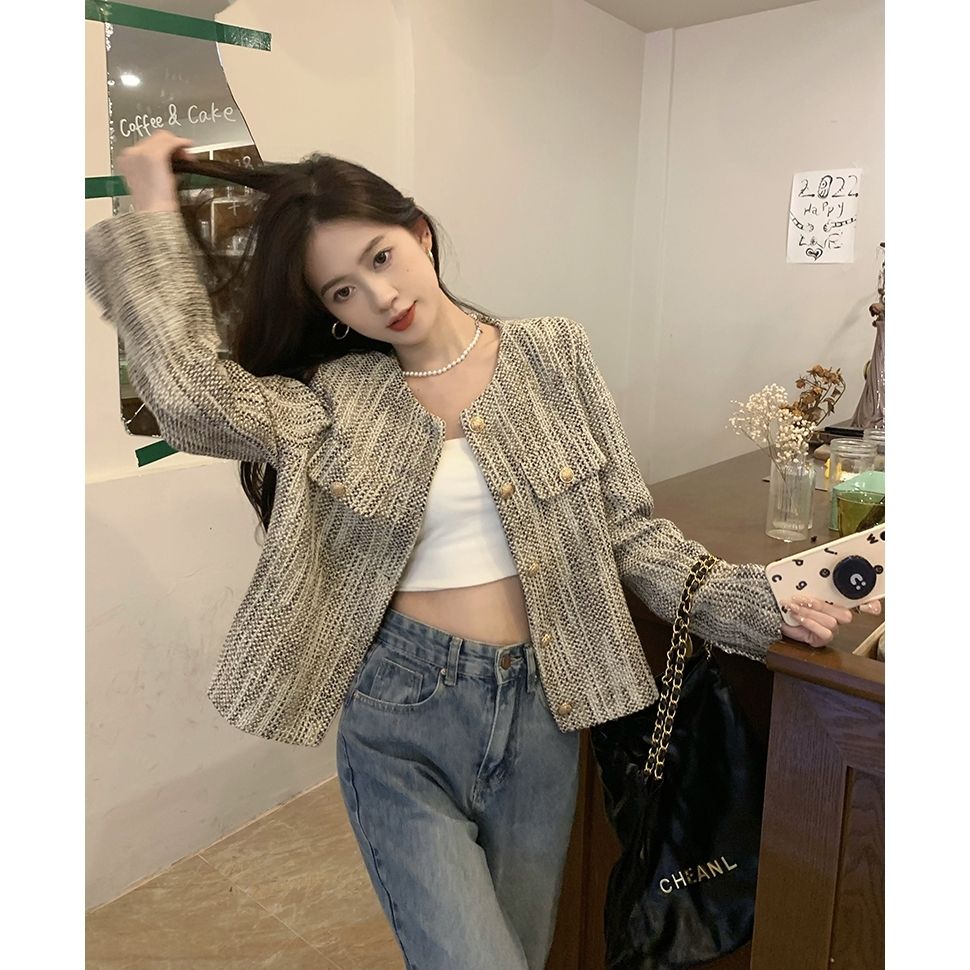 Xiaoxiangfeng short long-sleeved jacket women's spring and autumn  new high-end design foreign style age-reducing cardigan top