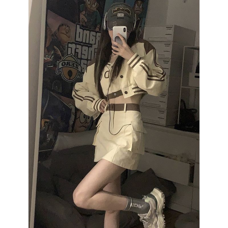 Three-piece suit/one-piece early autumn sweet and spicy style short baseball uniform jacket female + inner vest + high waist skirt