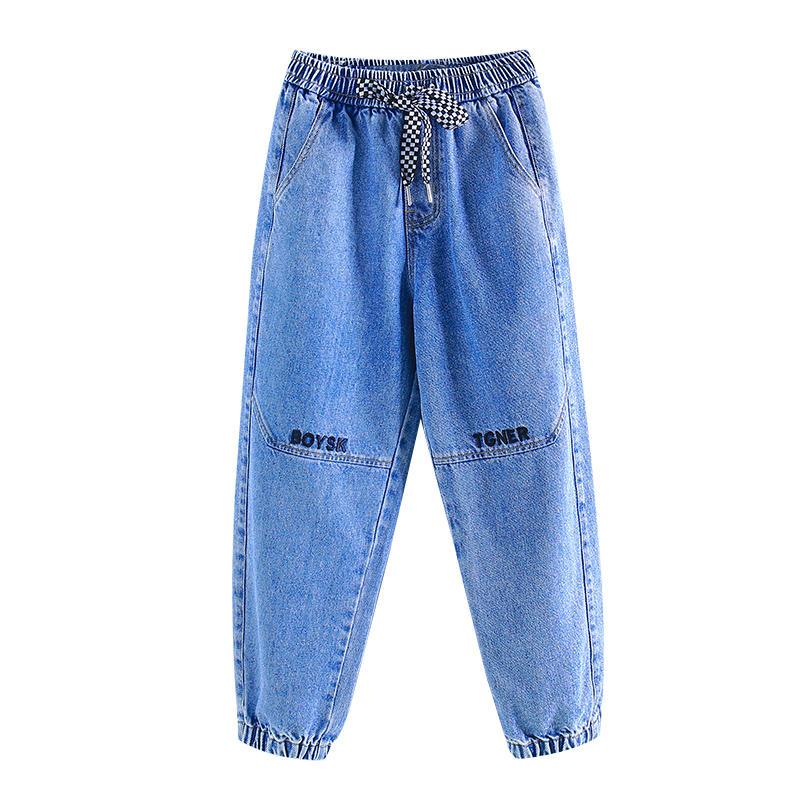 Boys' jeans 2022 spring and autumn new handsome and fashionable medium and big boys autumn and winter plus velvet loose casual trousers