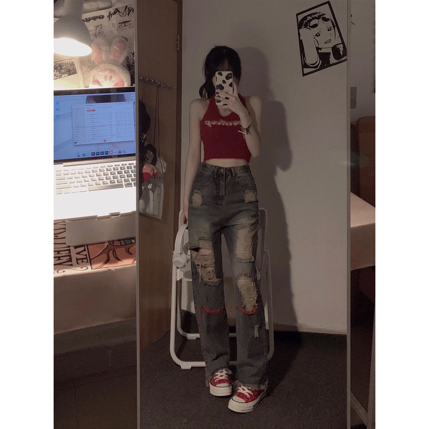European and American high street vibe style distressed washed ripped jeans for women ins fashion brand street niche design trousers