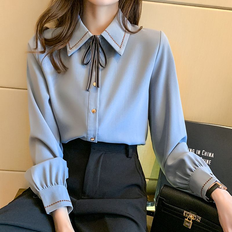 雪紡襯衫女士春秋2023年新款設計感小眾藍色襯衣加絨春季長袖上衣