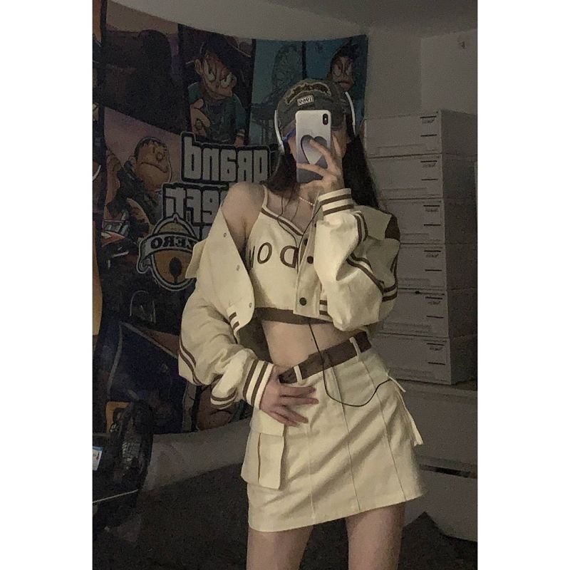 Three-piece suit/one-piece early autumn sweet and spicy style short baseball uniform jacket female + inner vest + high waist skirt