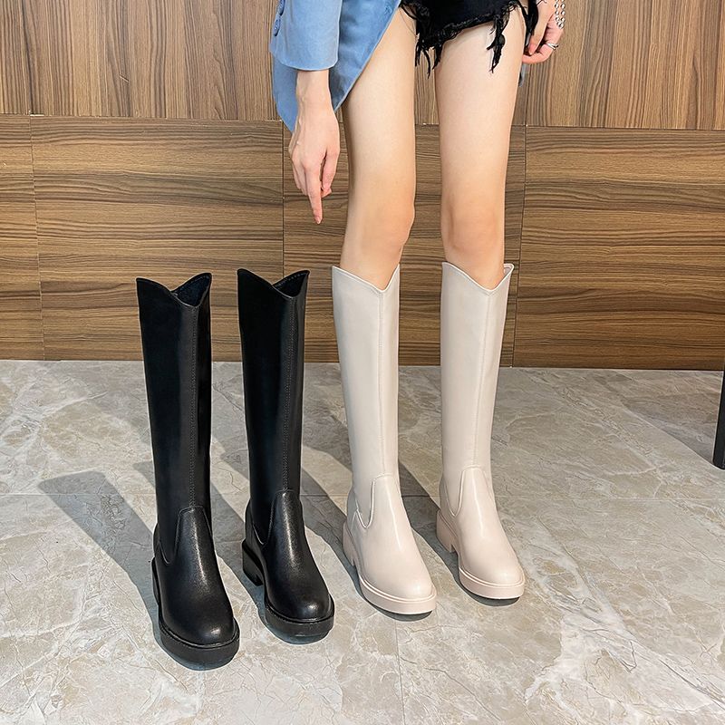 Flat bottom V mouth autumn and winter boots women's 2022 new plus velvet thin section small boots mid-tube knight boots