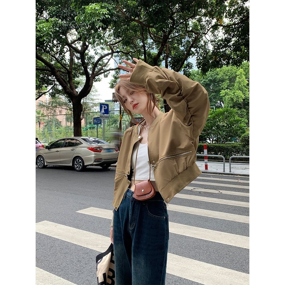 Short khaki zipper jacket for women  autumn new loose Korean style versatile casual long-sleeved top