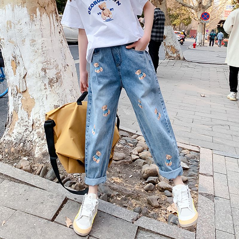 女童牛仔褲春秋外穿2023新款韓版女大童秋裝兒童秋款寬鬆休閒褲子