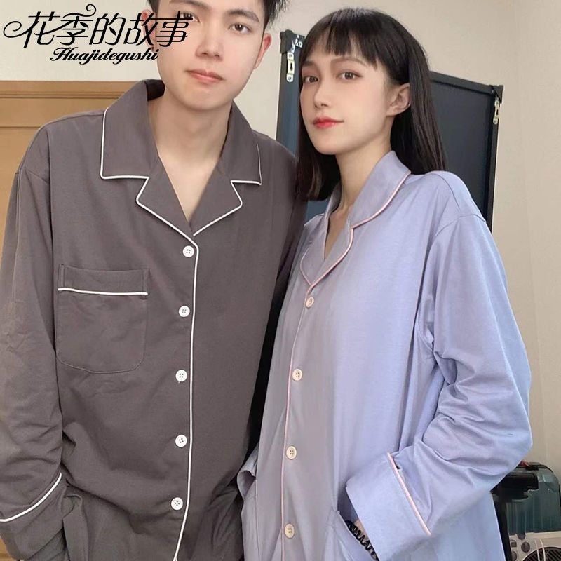 Flower season story couple pajamas women's spring and autumn pure cotton simple thin section long-sleeved plus size men's home service suit