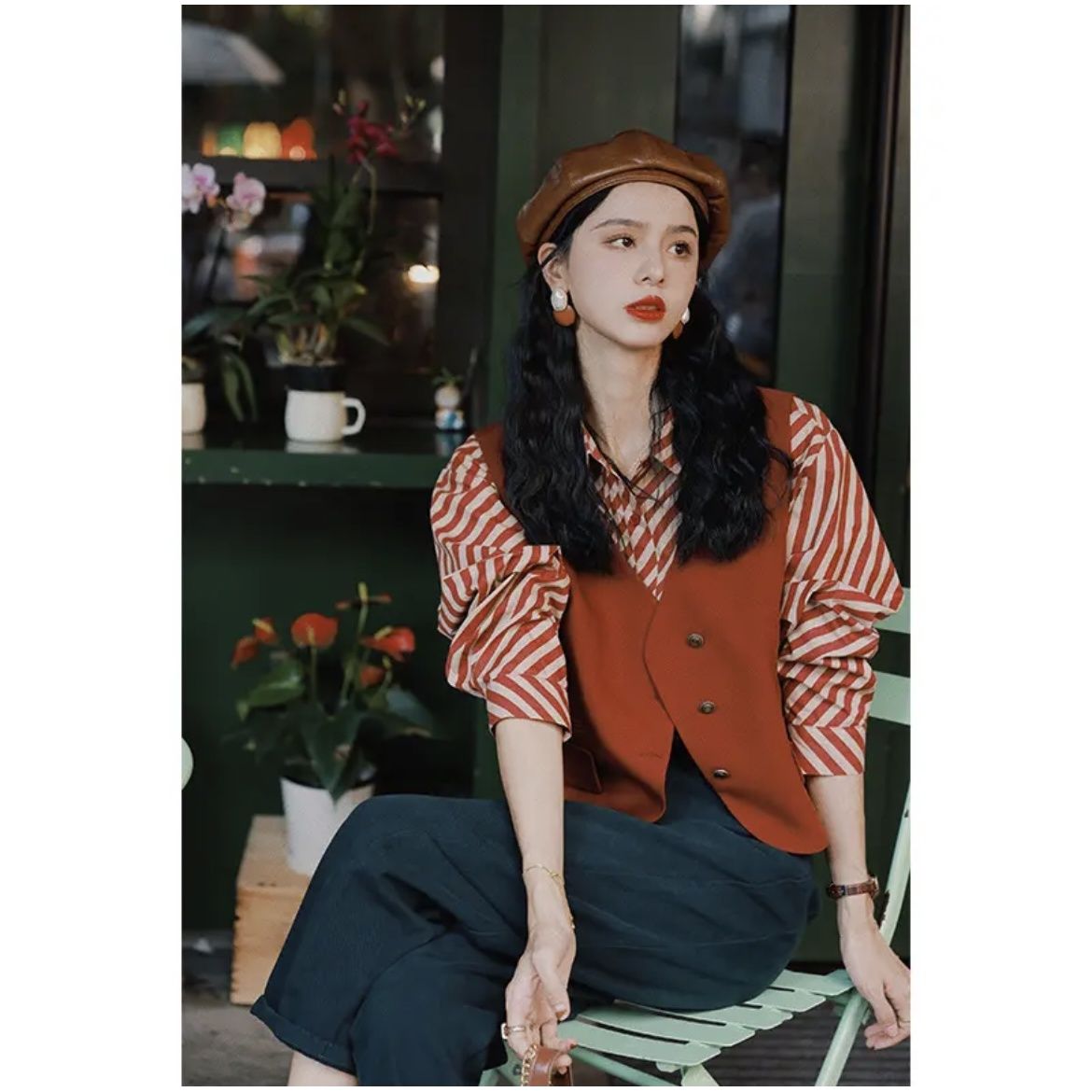 Autumn Hong Kong style retro striped long-sleeved shirt + sleeveless cardigan vest + solid color casual trousers women's fashion suit