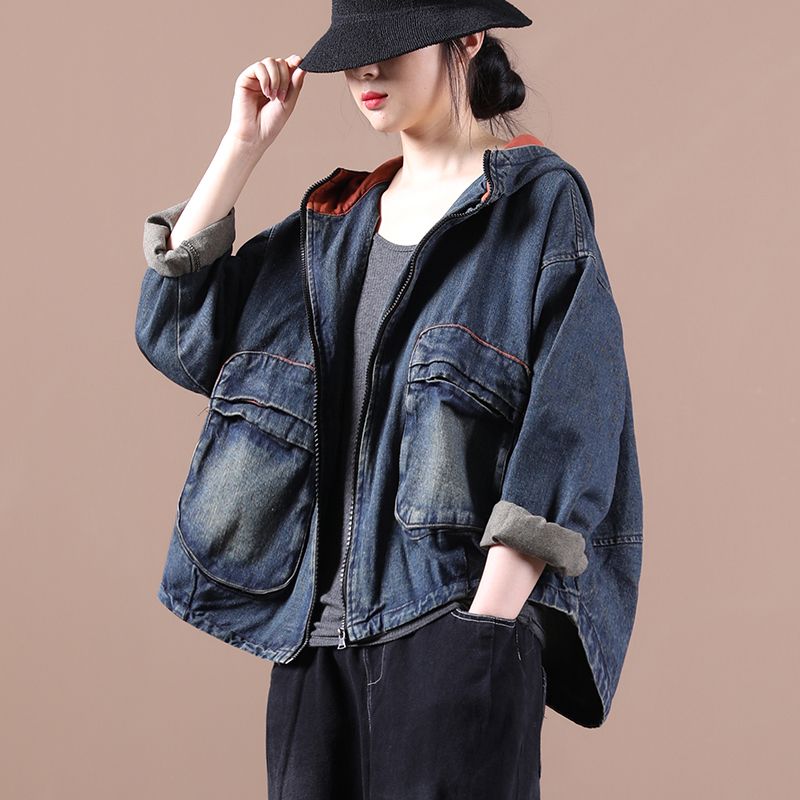 Large size women's clothing spring and autumn clothing women's new foreign style autumn coat women's autumn style outerwear denim hooded long-sleeved top women