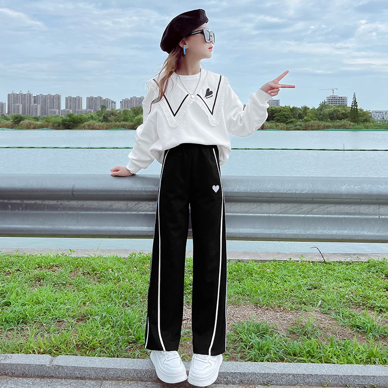 女童網紅套裝春秋裝2023新款洋氣時髦女大童兒童休閒闊腿褲兩件套