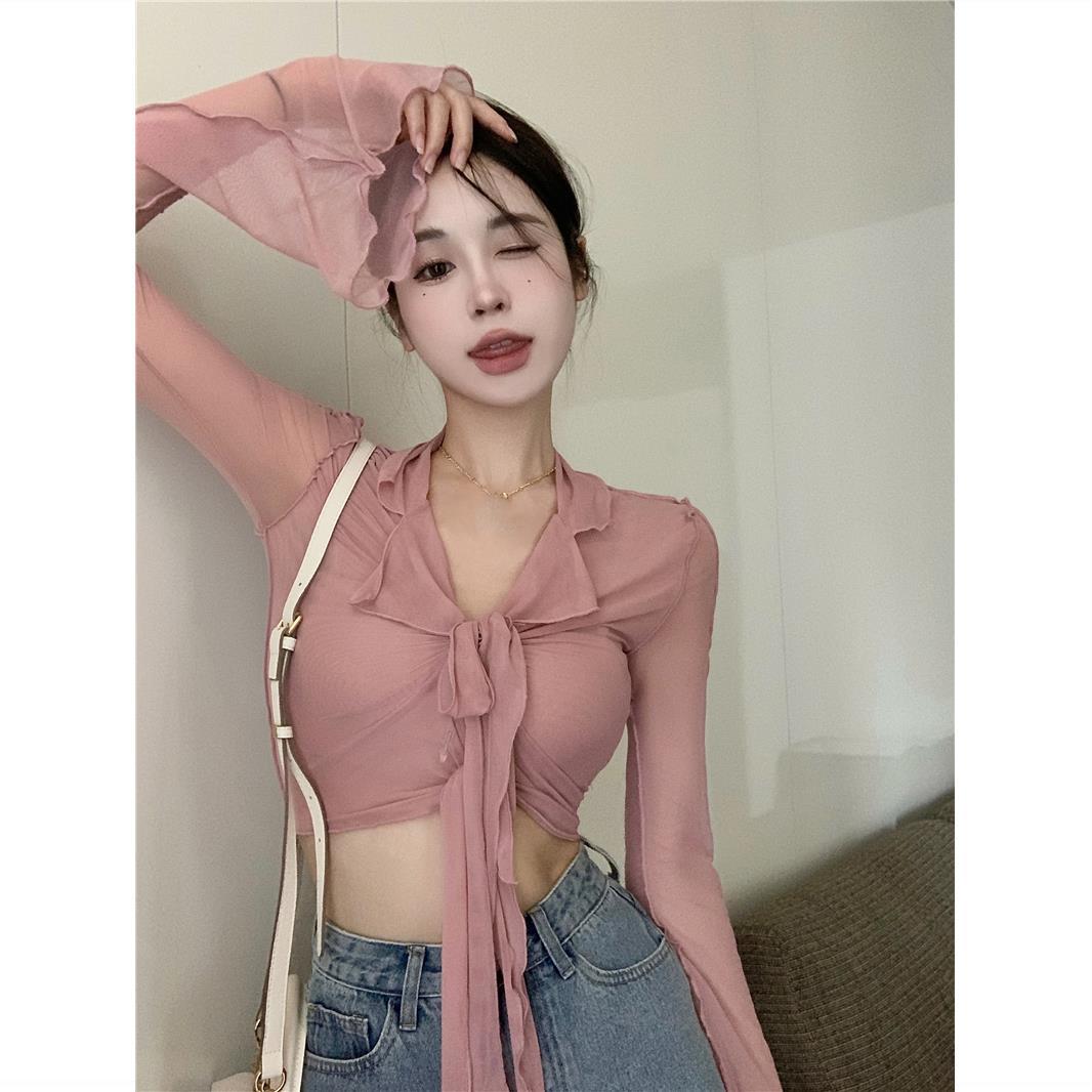 粉色法式網紗長袖襯衫女裝秋季薄款辣妹v領透視別致性感短款上衣